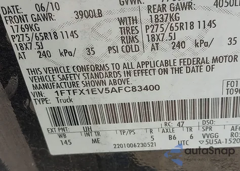 2010 Ford F-150 Fx4/Lariat/Xl/Xlt из США, поврежденный, VIN 1FTFX1EV5AFC83400